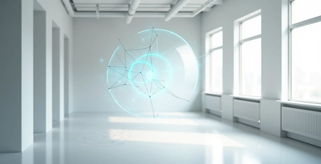 Visualización minimalista de conexiones entre métricas empresariales en espacio limpio