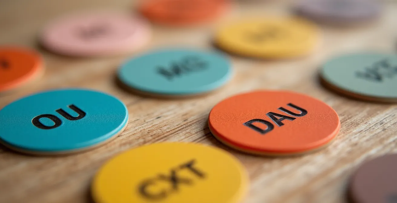 Vista macro de fichas de colores organizadas en calendario mensual sobre superficie de madera