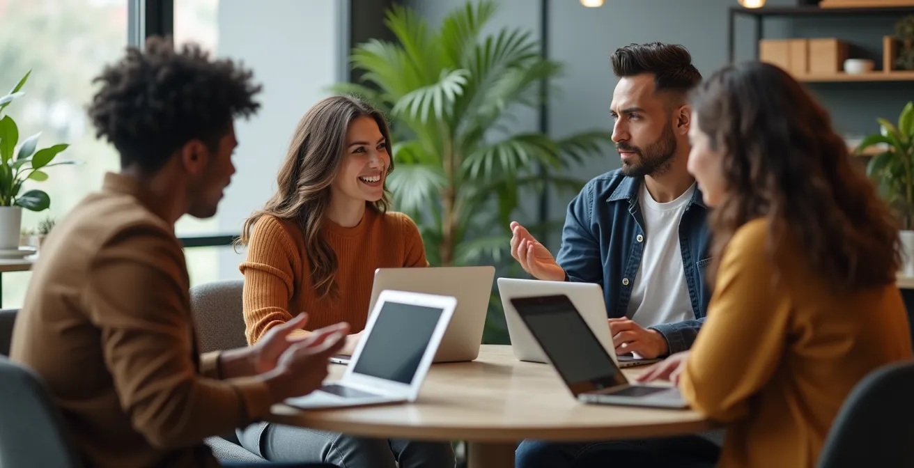 Equipo pequeño colaborando con hojas de cálculo en oficina moderna