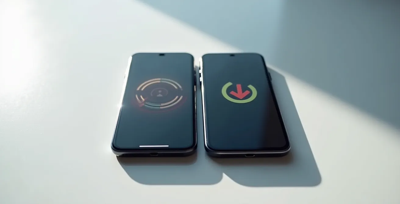 Dos smartphones mostrando barras de progreso de descarga con diferente velocidad, una rápida para 5G y una lenta para 4G