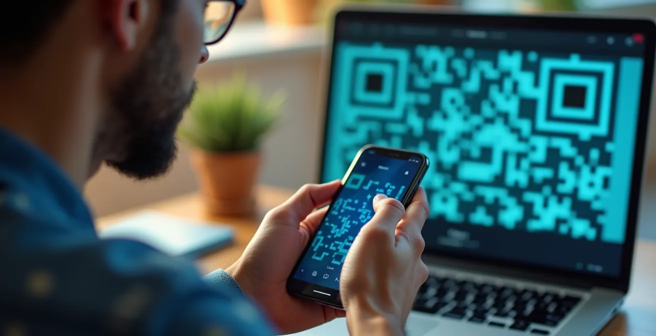 Manos sosteniendo teléfono con aplicación de autenticación mostrando códigos borrosos