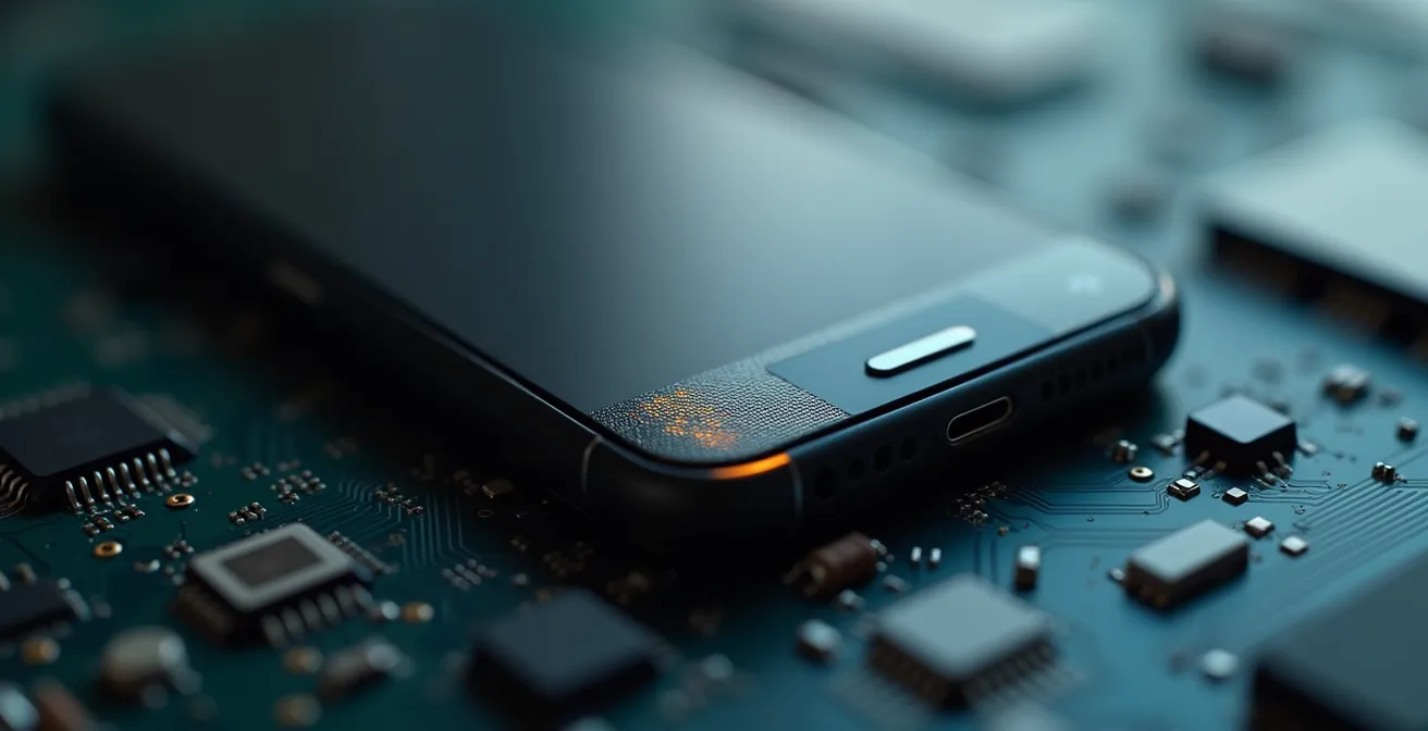 Vista macro del indicador de batería en un smartphone, con un gráfico abstracto que sugiere un consumo energético elevado.