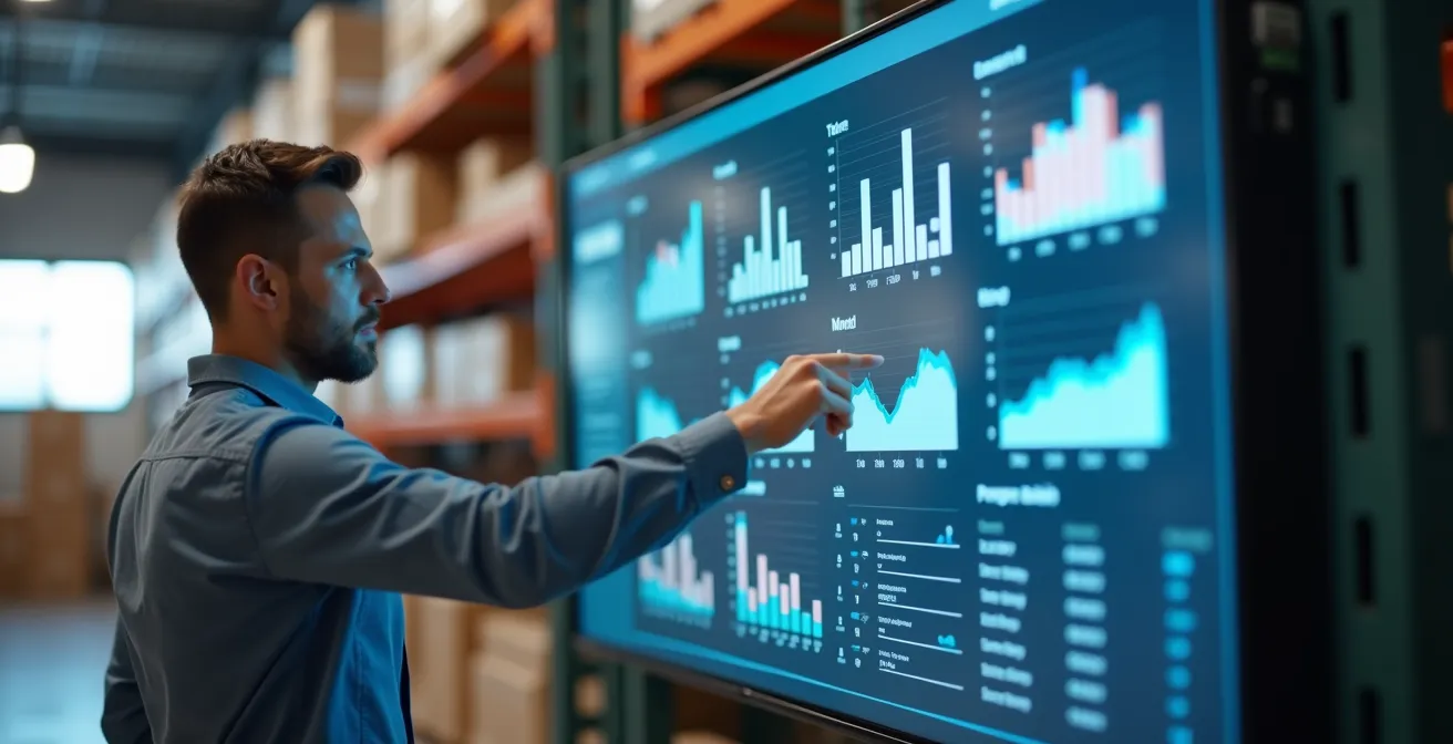 Panel de control de inventario con métricas visuales y gráficos en pantalla táctil