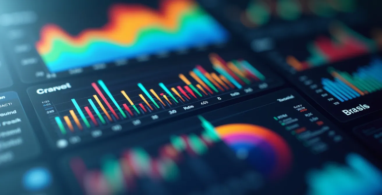 Vista macro de dashboard empresarial con gráficos coloridos y métricas clave