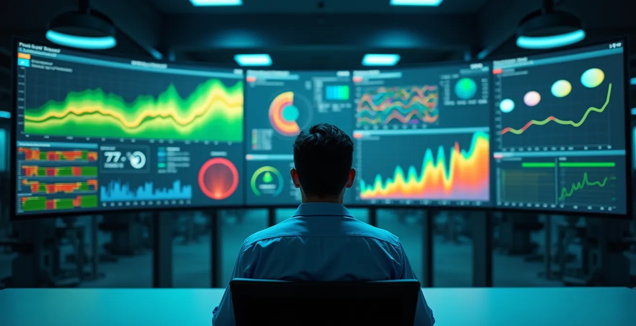 Panel de control mostrando métricas de ROI de cobot en tiempo real con gráficos abstractos y coloridos.