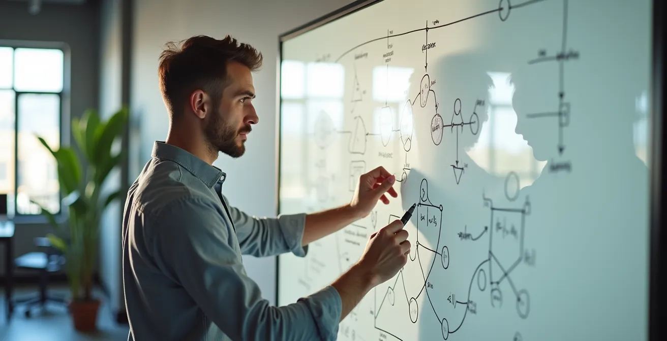 Profesional dibujando diagramas de arquitectura de software en pizarra blanca