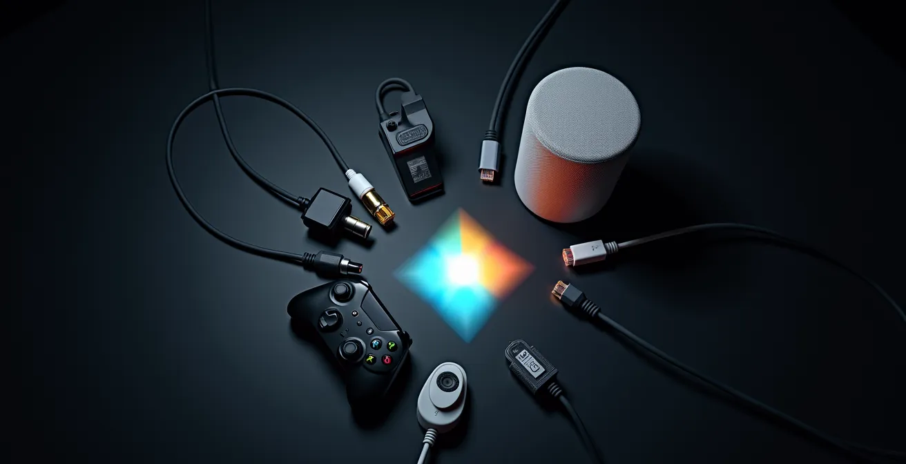 Visualización abstracta de dispositivos conectados en red doméstica con indicadores de estado