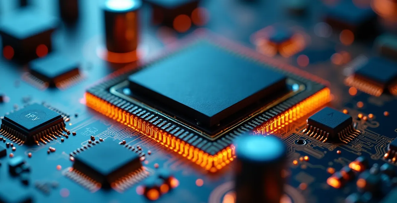 Vista macro del interior de un router mostrando componentes y flujo de calor