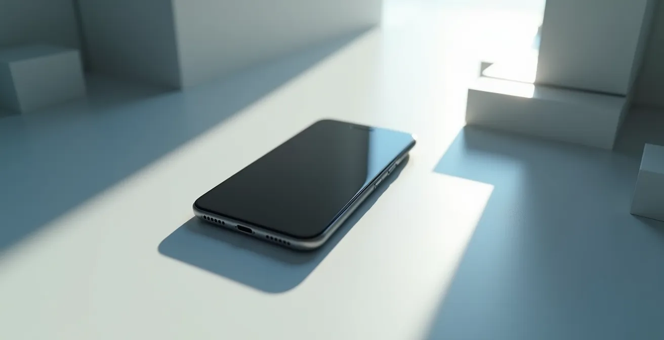 Composición simbólica mostrando un smartphone con indicadores visuales abstractos de salud de batería mediante luz y sombra