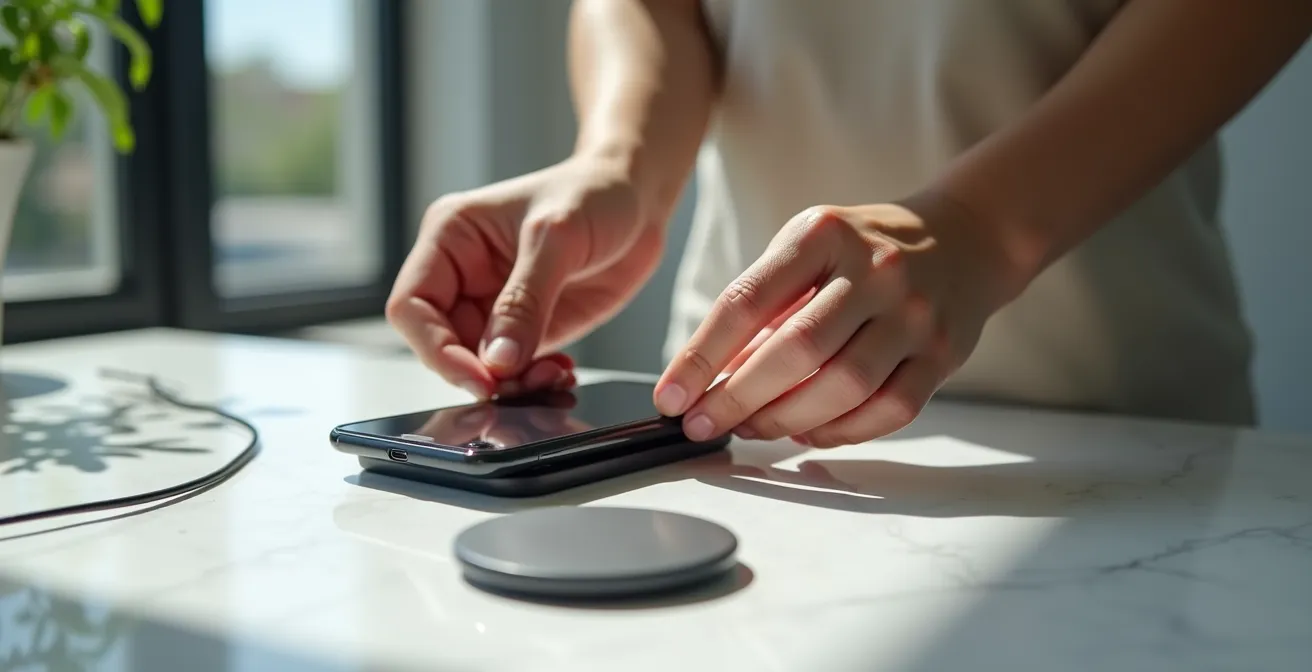 Teléfono sin funda sobre superficie de mármol durante carga