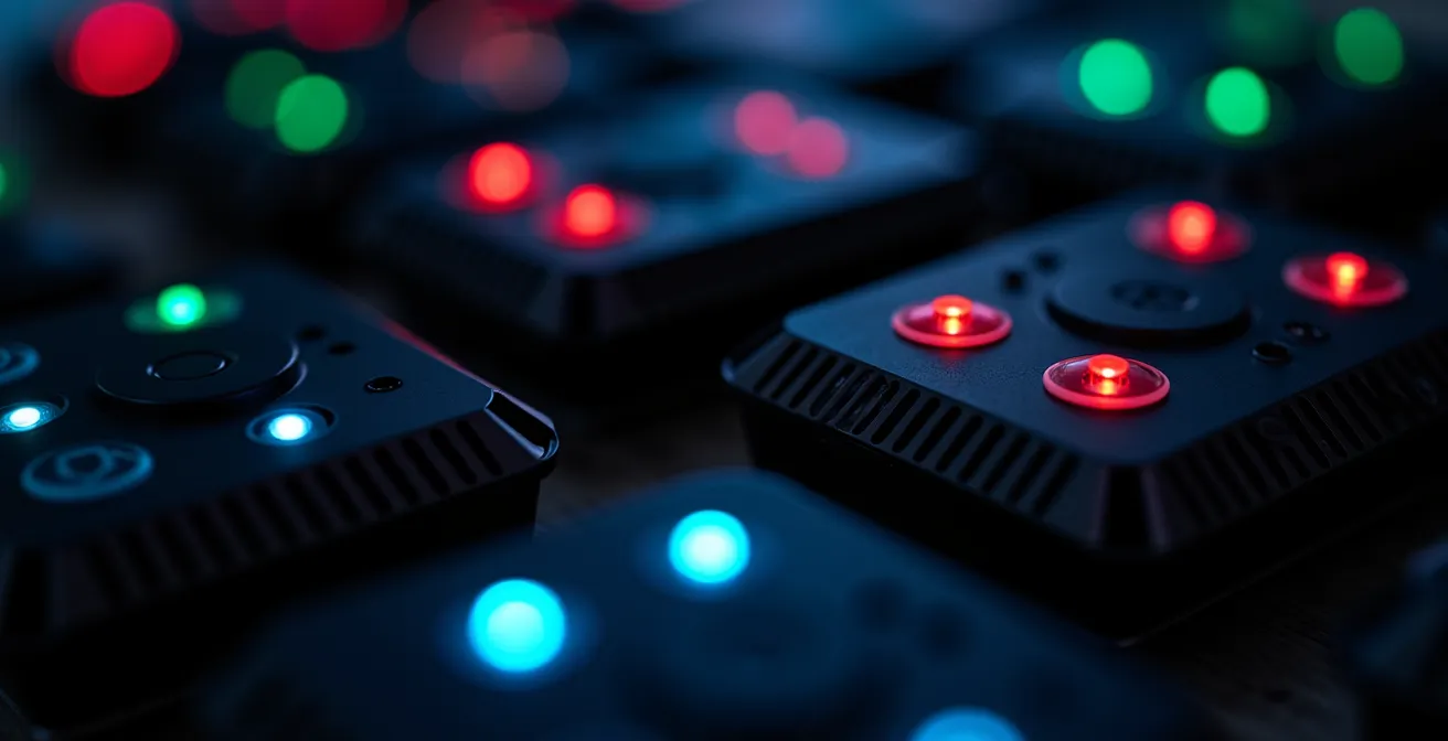 Primer plano de múltiples dispositivos electrónicos con luces LED en modo standby durante la noche