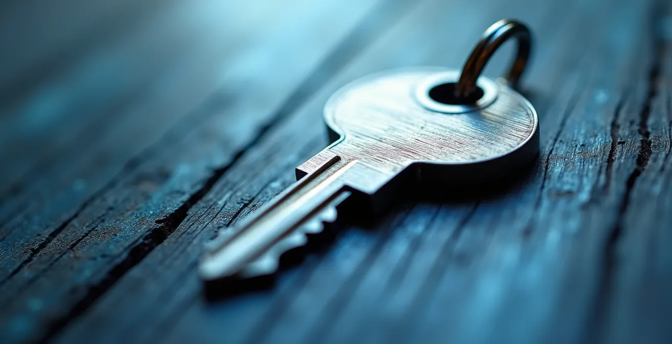 Vista macro de llave de seguridad física USB con textura metálica