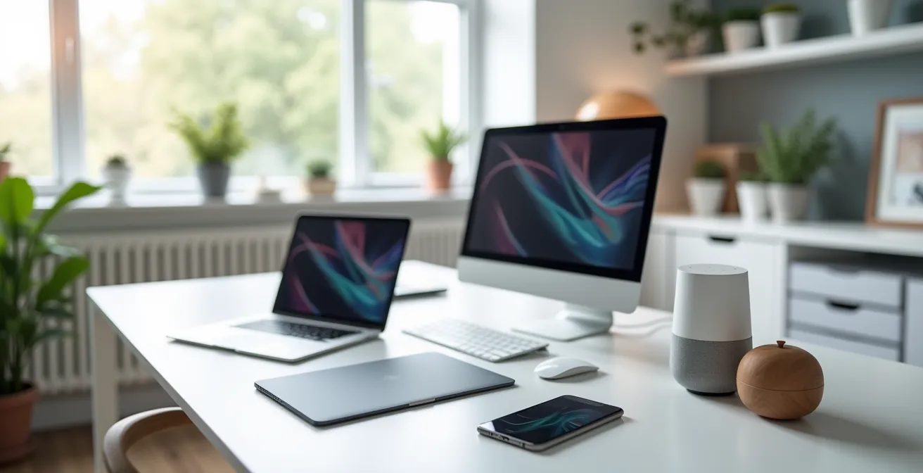 Representación visual del ecosistema digital con múltiples dispositivos interconectados