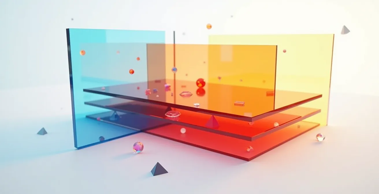 Visualización abstracta de la evolución de tecnologías con capas y transiciones