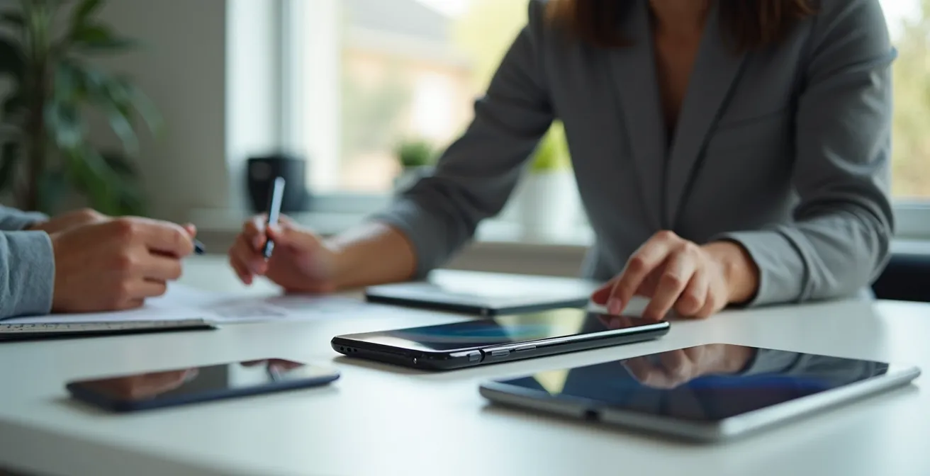 Mesa con varios dispositivos móviles organizados por categorías de uso