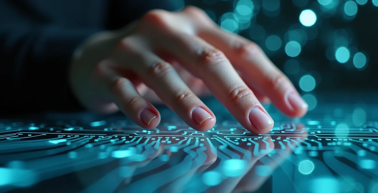 Manos humanas y circuitos digitales entrelazados simbolizando la dependencia de la inteligencia artificial