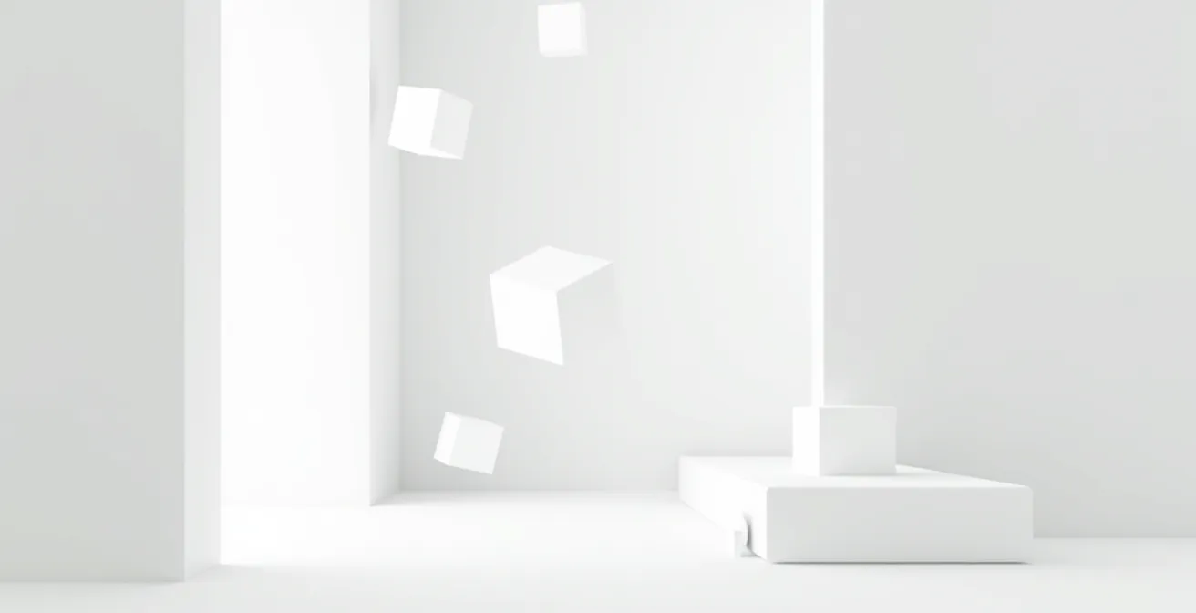 Composición minimalista con elementos geométricos flotantes en espacio amplio