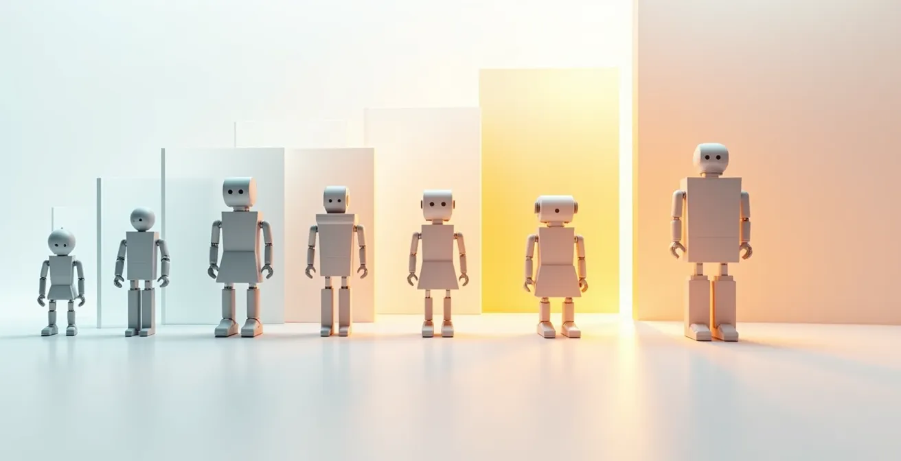 Diagrama visual de los niveles de colaboración humano-robot que muestra la transición de espacios de trabajo separados a integrados.