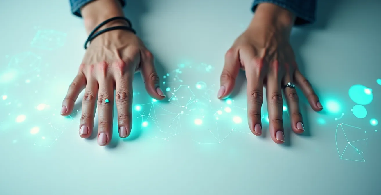 Manos humanas y elementos tecnológicos abstractos colaborando en un espacio de trabajo minimalista