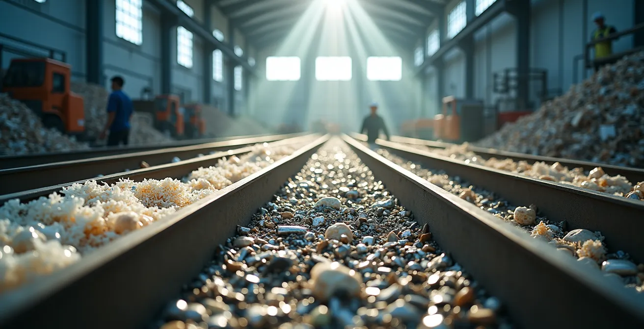 Vista minimalista de planta de reciclaje con cintas transportadoras y materiales separados