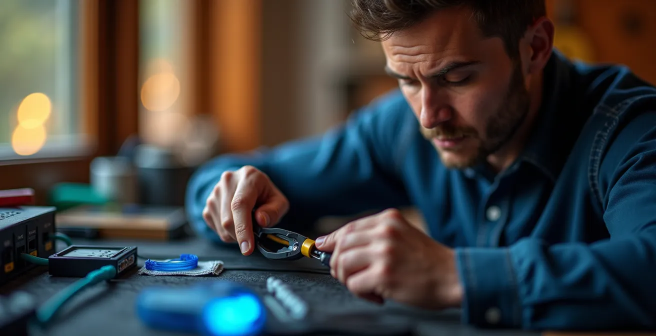 Técnico instalando fibra óptica mientras el router ADSL sigue funcionando en segundo plano