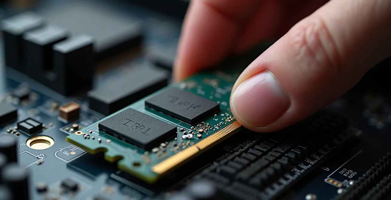 Manos instalando módulo de memoria RAM en placa base