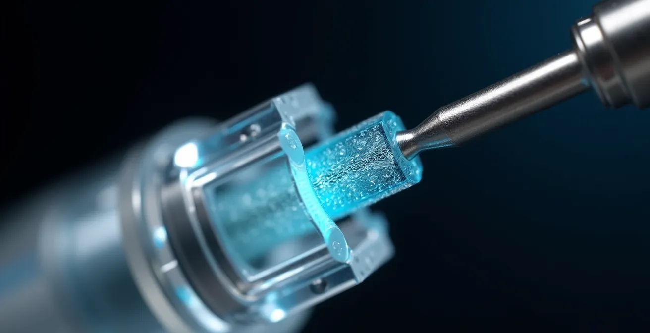 Detalle macro de conector de fibra óptica siendo limpiado con herramienta especializada