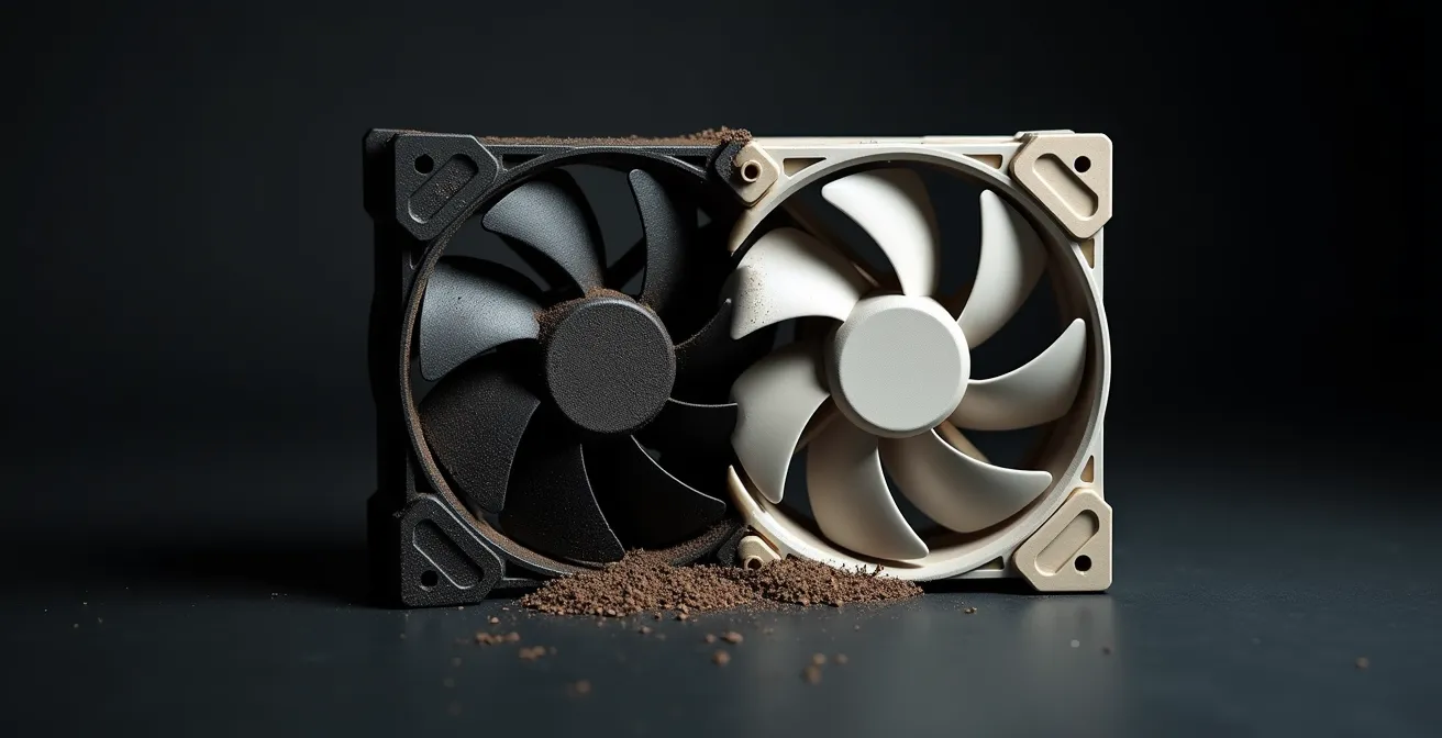 Interior de PC mostrando contraste entre ventilador limpio y sucio