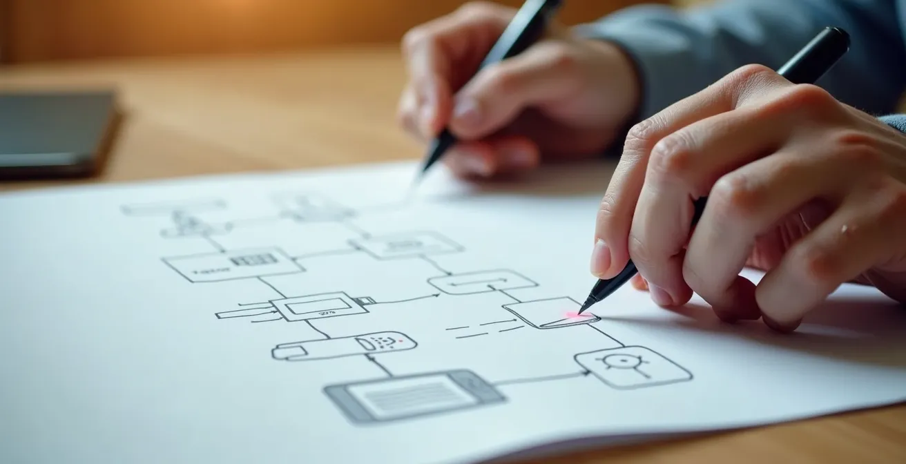 Manos dibujando un diagrama de flujo con iconos abstractos de dispositivos domóticos conectados por líneas