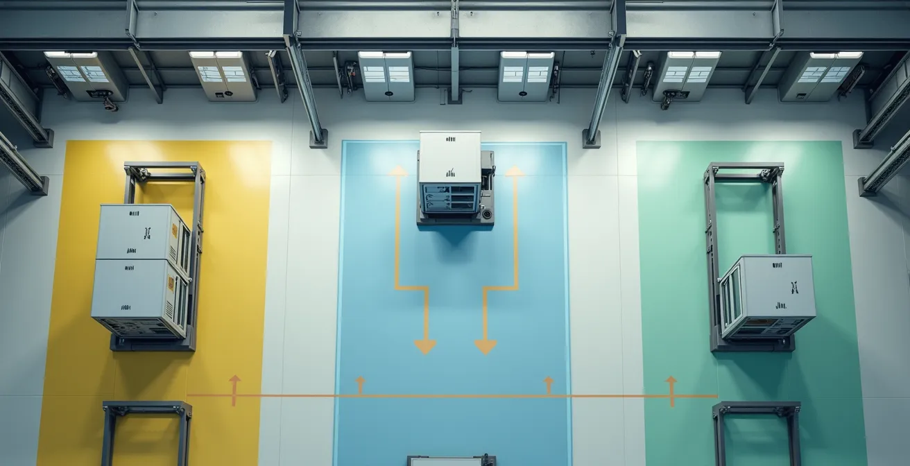 Vista cenital de fábrica mostrando tres zonas diferenciadas de automatización