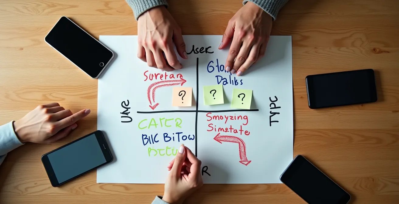 Mesa con una matriz de evaluación dibujada a mano, donde se categorizan diferentes smartphones según arquetipos de usuario basados en necesidades reales.