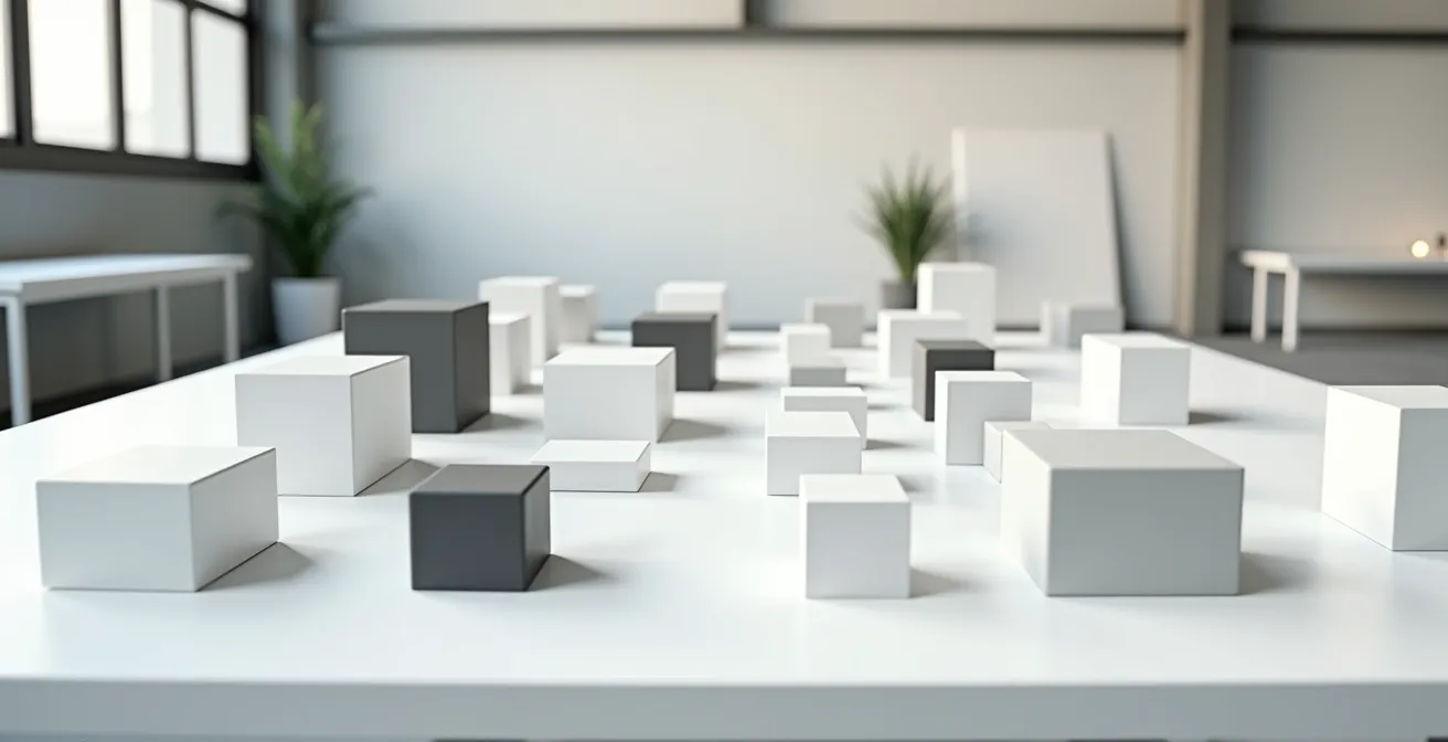 Diagrama visual de interfaces modulares estandarizadas con conexiones entre componentes base