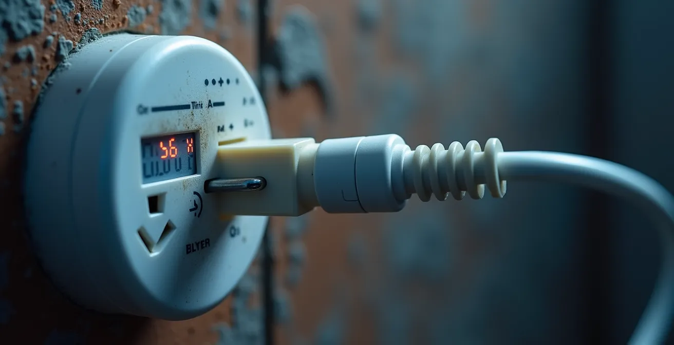 Medidor de consumo eléctrico conectado entre enchufe y electrodoméstico mostrando lectura