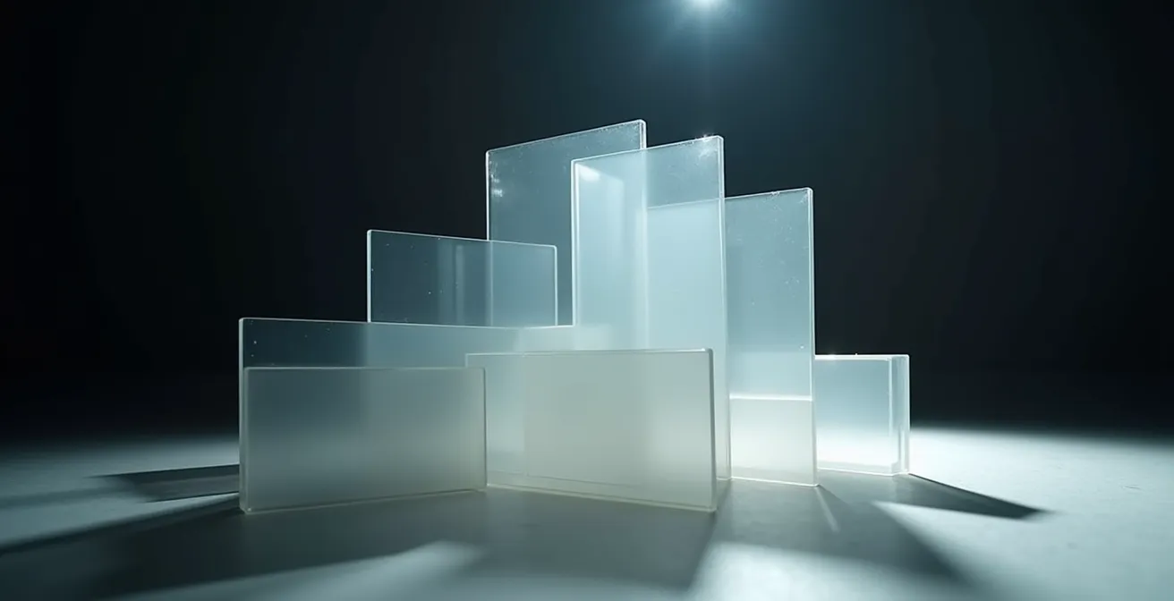 Composición simbólica de objetos translúcidos superpuestos con luz dramática