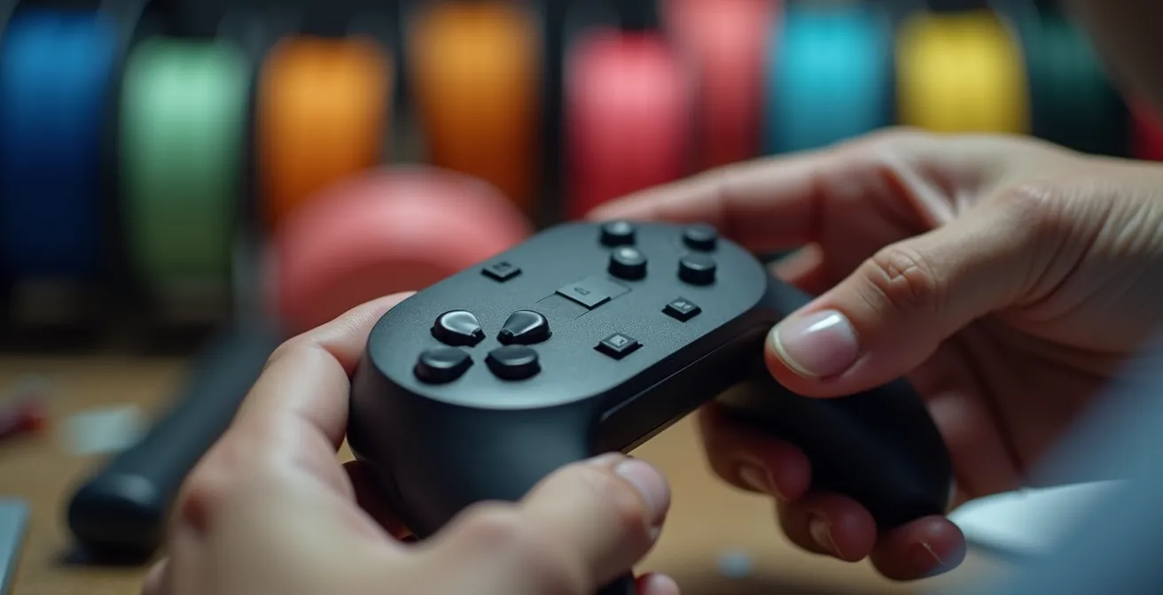 Manos modelando en 3D una tapa de pilas de mando a distancia en pantalla