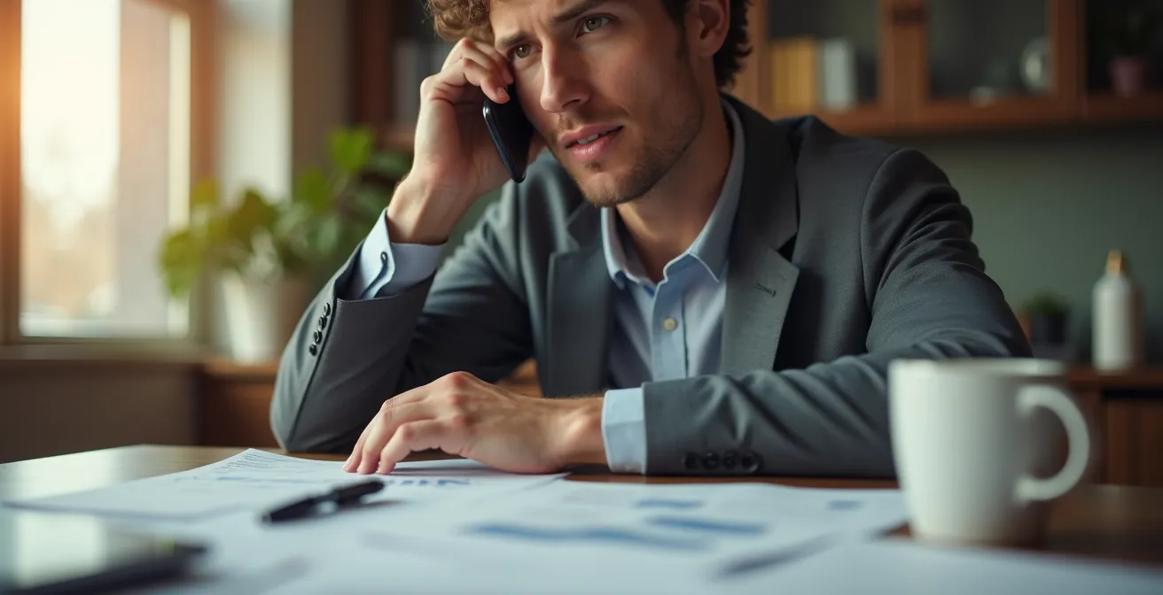 Persona profesional en llamada telefónica con documentos de ofertas competidoras sobre escritorio