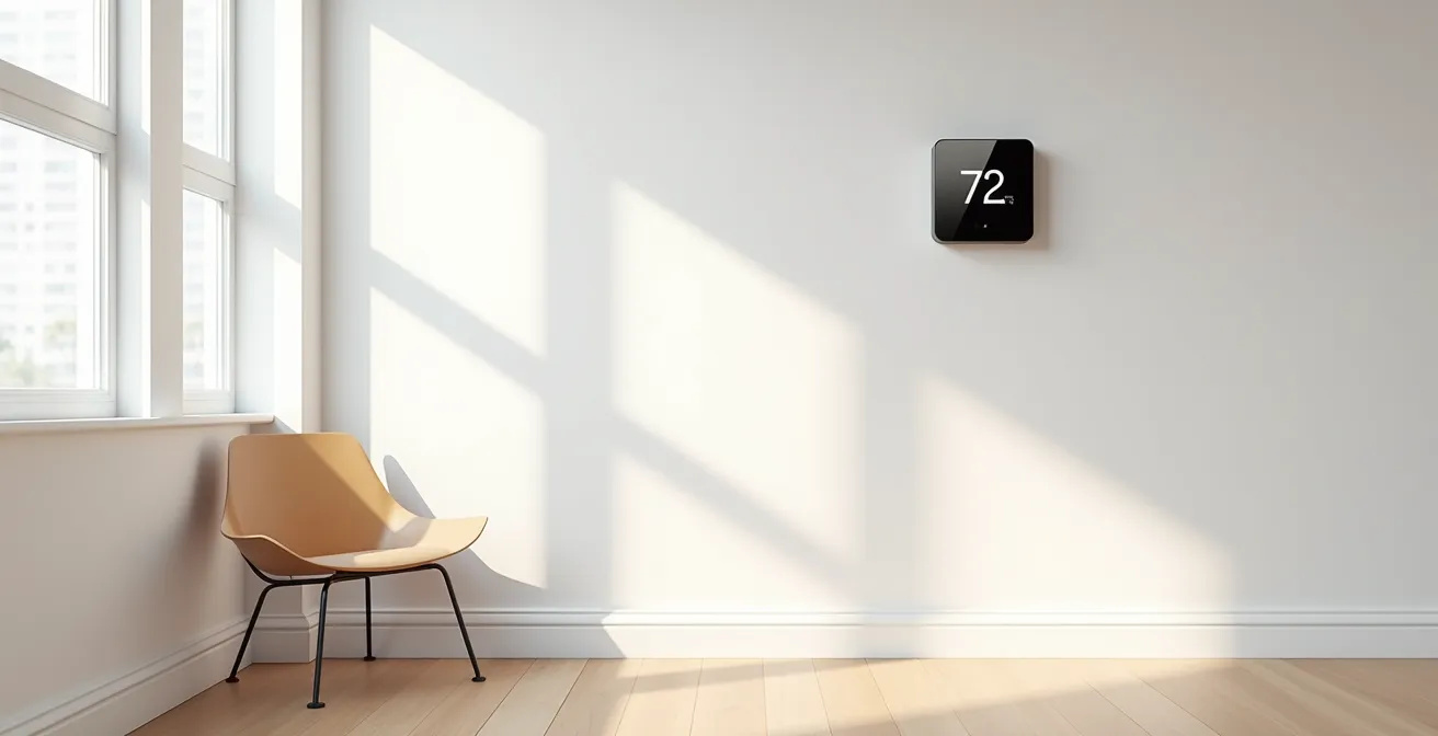 Vista wide de un espacio hogareño minimalista con sombras geométricas suaves proyectadas por la luz natural, sugiriendo control invisible de automatización