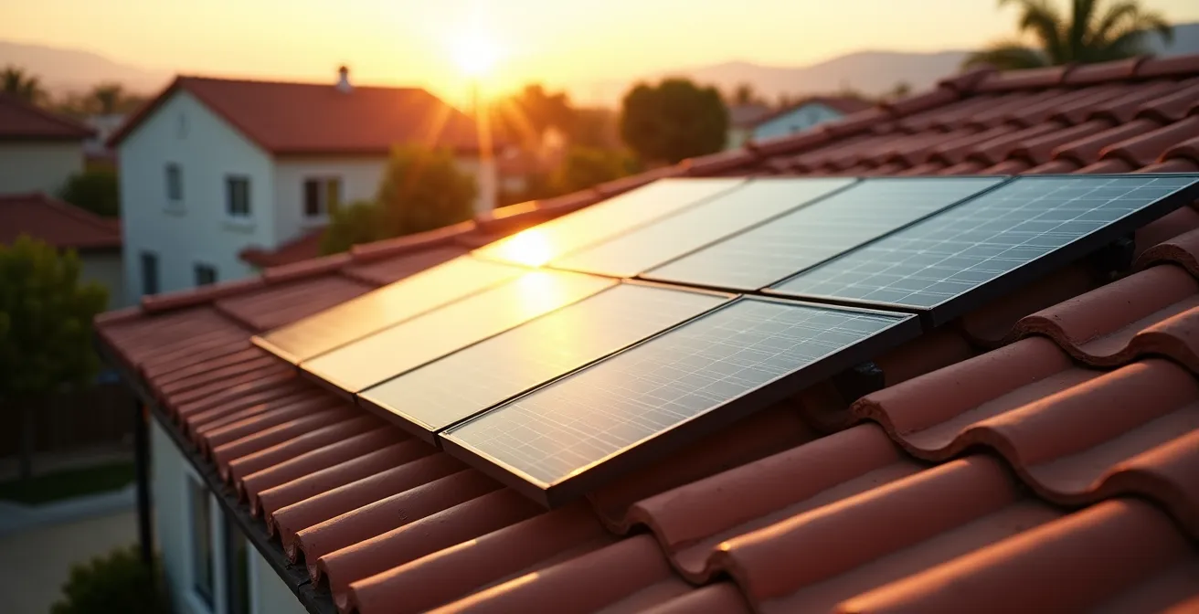Paneles solares instalados en tejado de vivienda unifamiliar con cielo azul