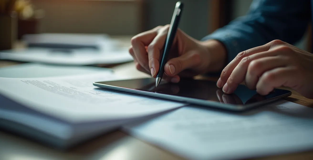 Manos organizando documentos físicos junto a dispositivos digitales en escritorio moderno