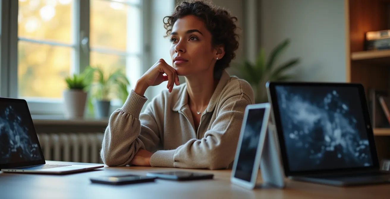Persona reflexiva con dispositivos móviles en mesa evaluando opciones digitales