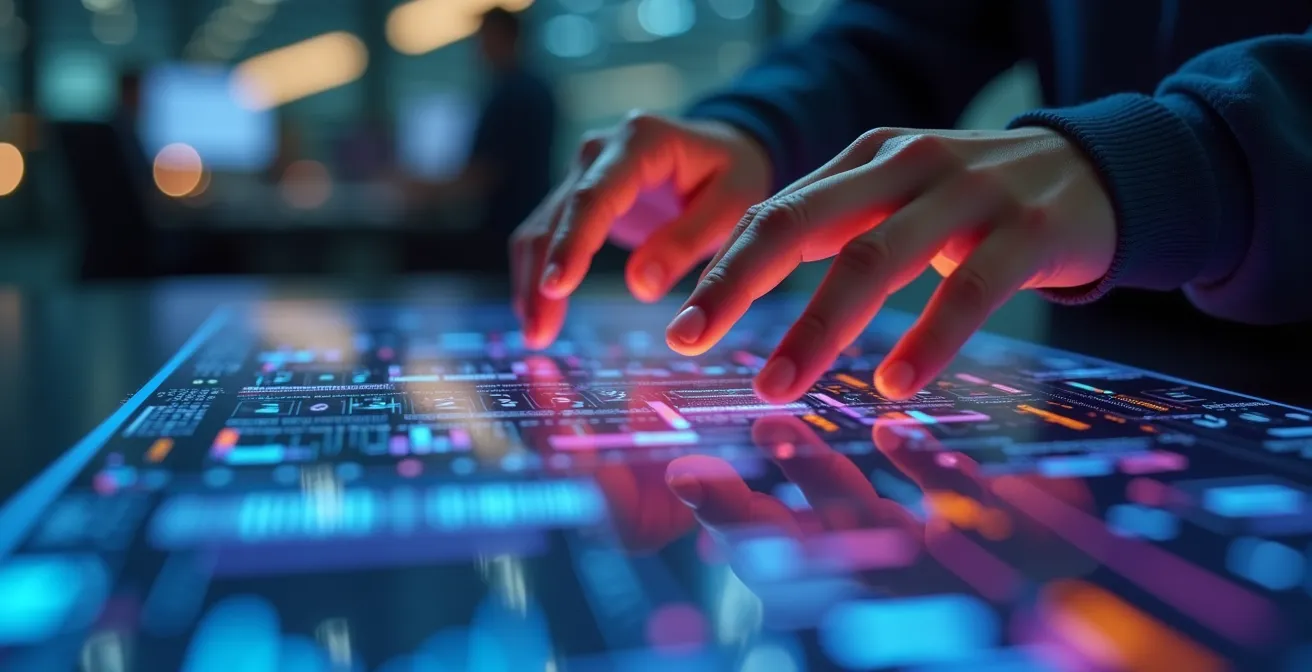 Persona analizando visualizaciones de datos generadas por IA en pantalla táctil grande