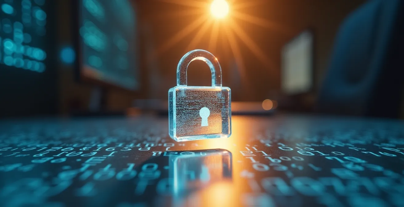 Candado digital holográfico protegiendo celdas de fórmulas en hoja de cálculo