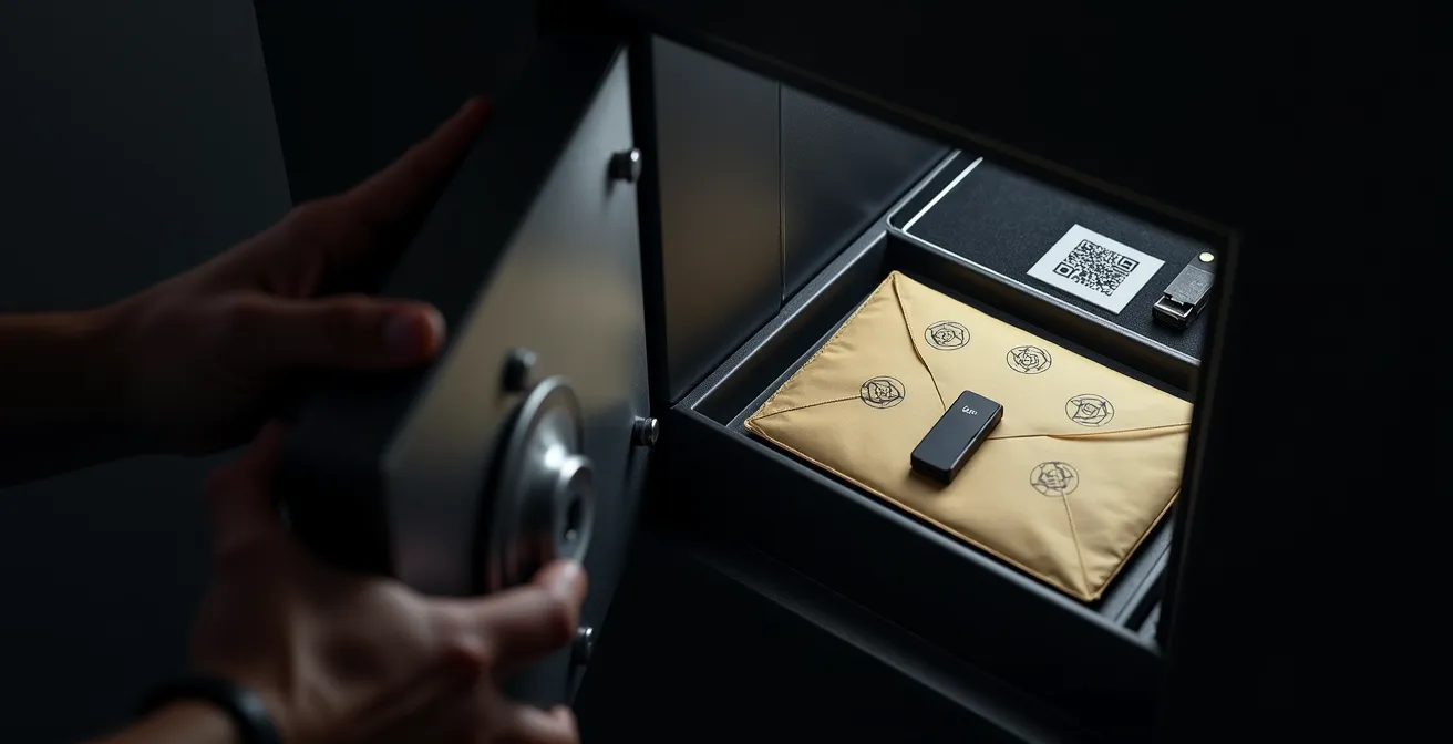 Caja fuerte abierta mostrando USB de recuperación y documentos sellados