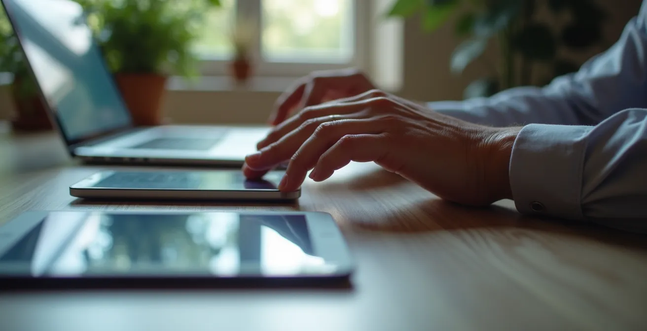 Manos trabajando con dispositivos múltiples mostrando recuperación de archivos