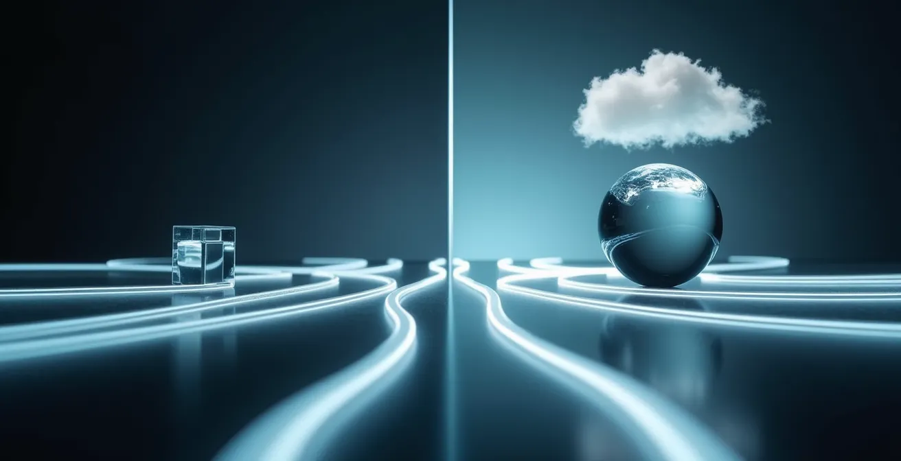 Diagrama visual abstracto mostrando dos caminos de datos, uno directo local y otro que sube a una nube distante
