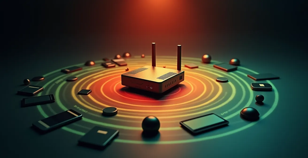 Router WiFi 4 sobrecargado con más de 15 dispositivos conectados mostrando congestión de red