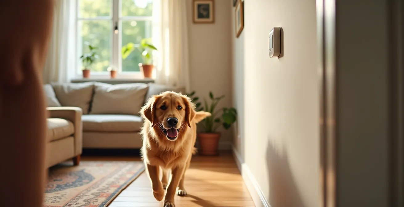 Sensor de movimiento instalado en altura con mascota pasando sin activarlo