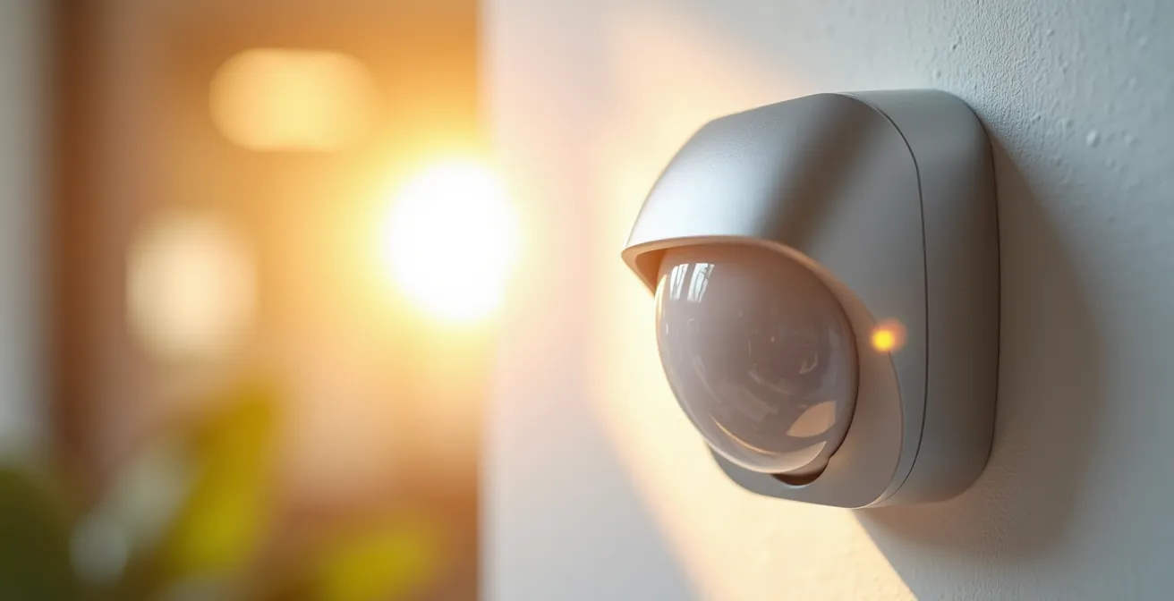 Primer plano macro de un sensor de movimiento moderno con luz LED indicadora brillando suavemente en un ambiente hogareño minimalista