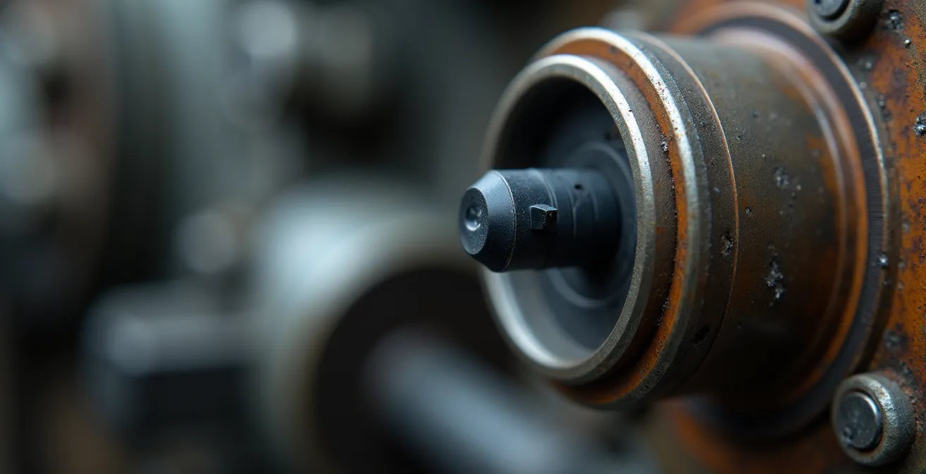 Detalle macro de sensor de vibración instalado en rodamiento industrial