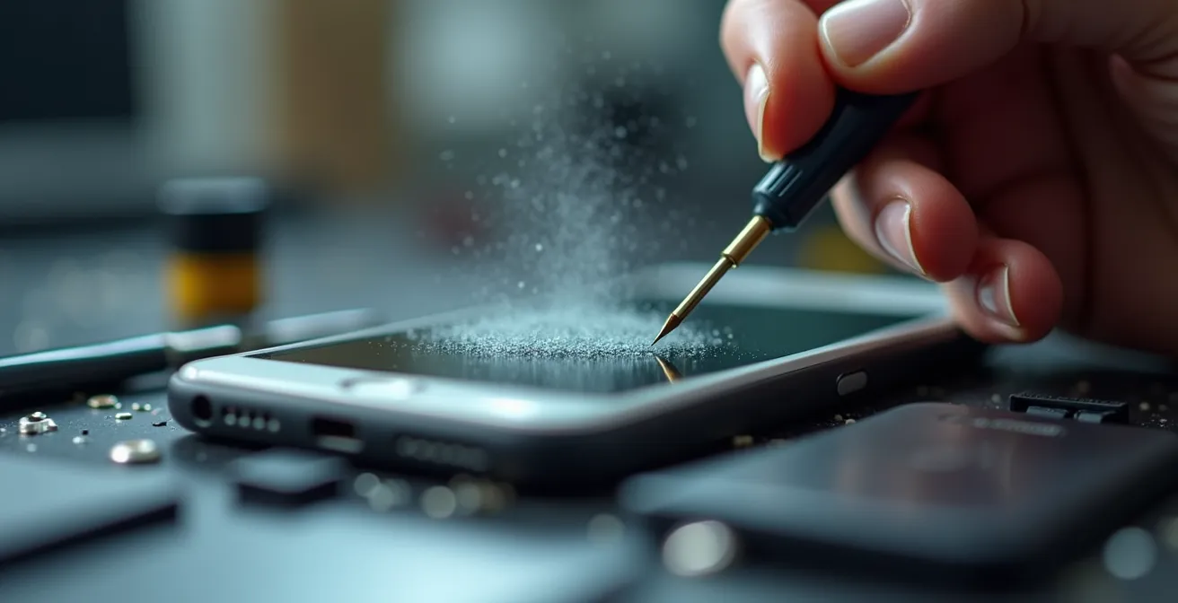 Manos de una persona realizando ajustes de optimización en un smartphone antiguo, con herramientas de limpieza y mantenimiento alrededor.